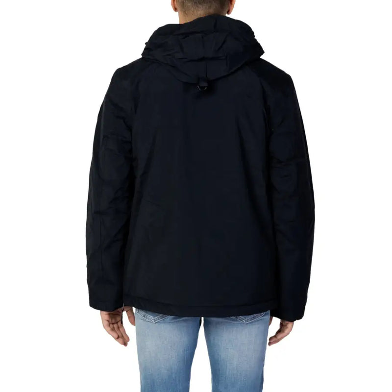 Black waterproof jacket with hood and zipper closure.