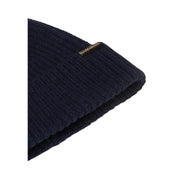 Navy blue textured beanie with a folded cuff and brand label.