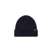 Navy blue ribbed beanie with folded cuff and brand logo.