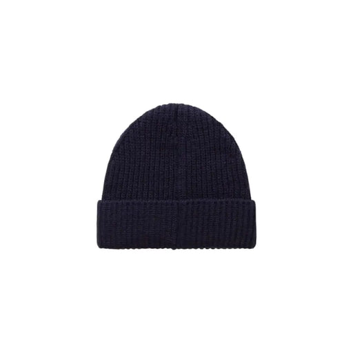 Navy blue ribbed knit beanie hat with folded cuff.