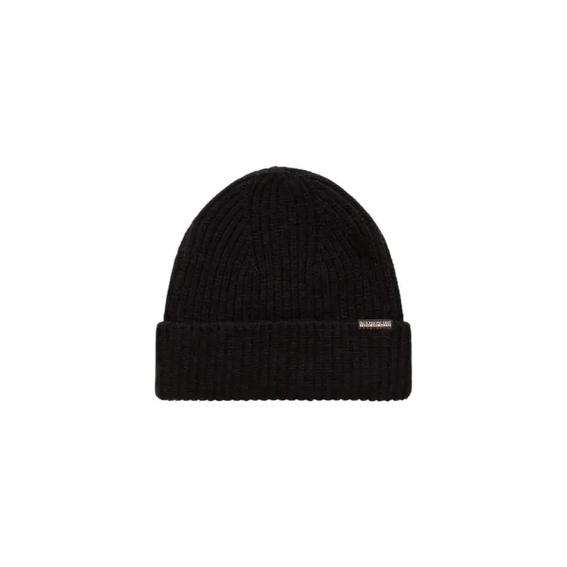 Black ribbed beanie with folded cuff and brand label.