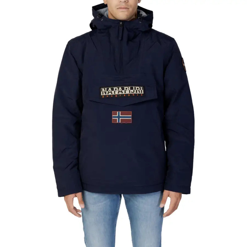Navy blue anorak jacket with hood and logo patch, napapijri brand.