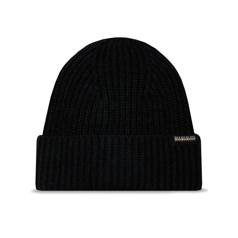 Napapijri Casquette homme en maille côtelée noire, revers replié et petite étiquette de marque sur le côté, vue de face
