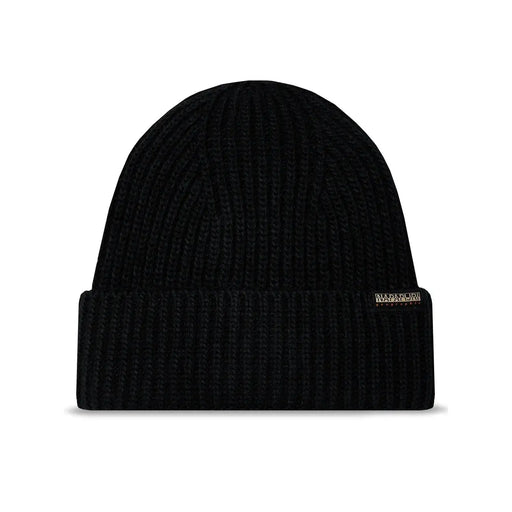 Napapijri Casquette homme en maille côtelée noire, revers replié et petite étiquette de marque sur le côté, vue de face