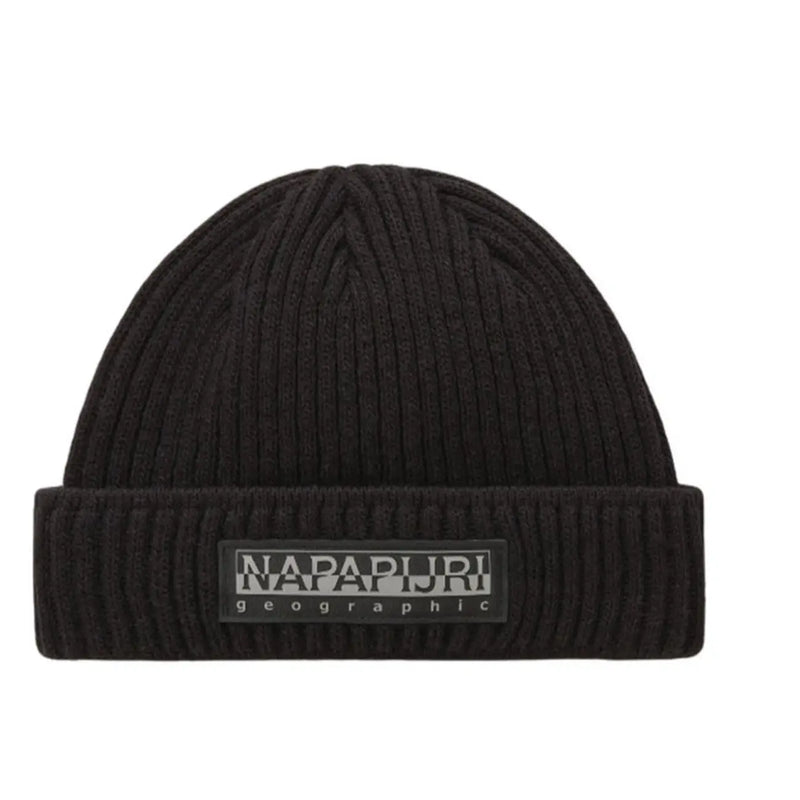 Napapijri Bonnet côtelé noir pour homme, avec revers et écusson rectangulaire à logo géographique, vue de face