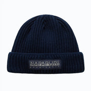 Napapijri Bonnet en maille côtelée bleu marine pour homme, avec revers et logo noir (vue de face).