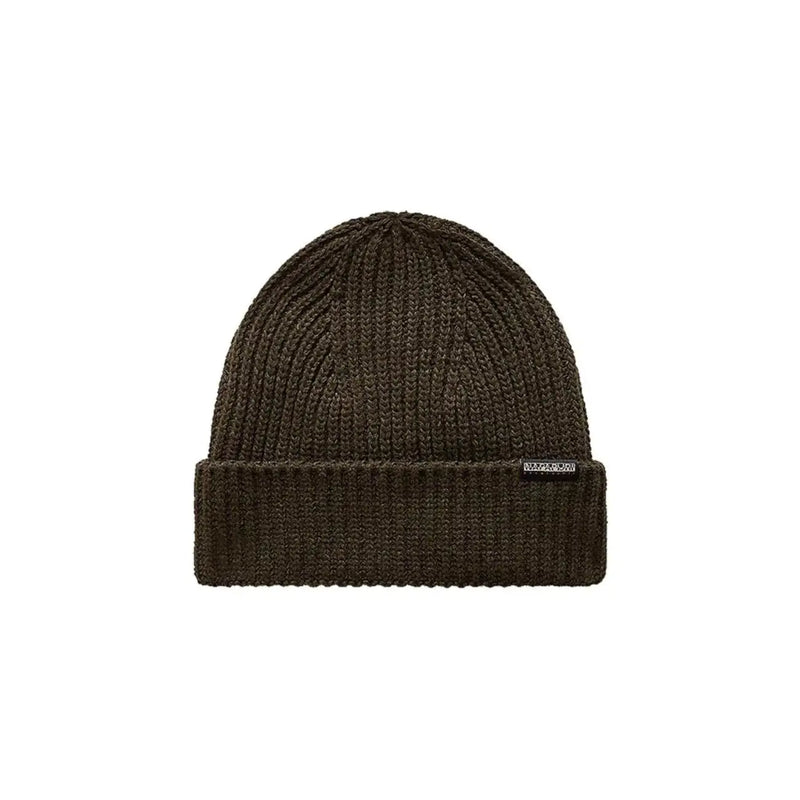 Napapijri Casquette pour homme en maille côtelée vert olive foncé, revers replié et étiquette de marque sur le côté, vue de face
