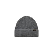 Charcoal gray beanie with ribbed texture and folded cuff, featuring a small logo on the front.