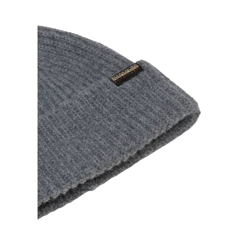 Charcoal gray beanie with ribbed texture and logo label.