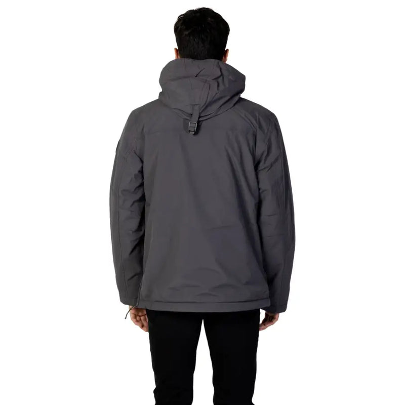 Charcoal gray waterproof jacket with hood and zipper details.