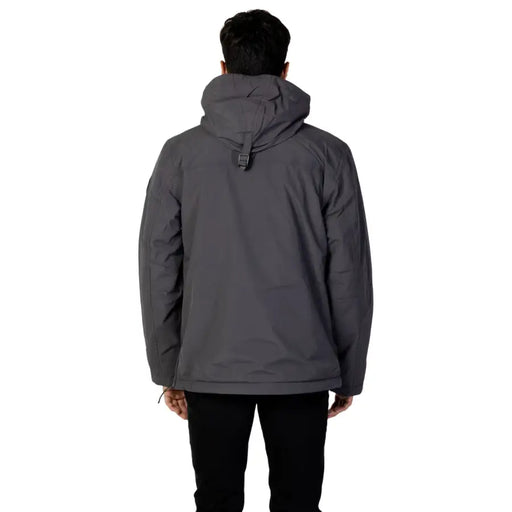 Charcoal gray waterproof jacket with hood and zipper details.