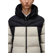 2023 men’s down jacket with hood, black and white color block design.