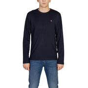 Navy blue long-sleeved t-shirt with a small red and white logo on the chest.