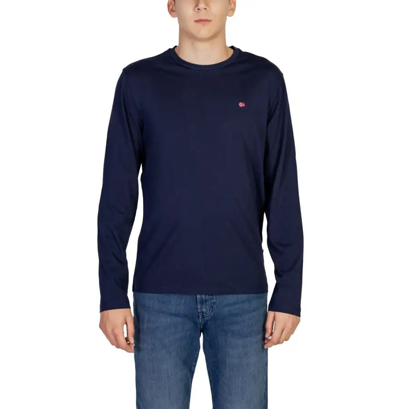 Navy blue long-sleeved crew neck t-shirt with small red logo on left chest.