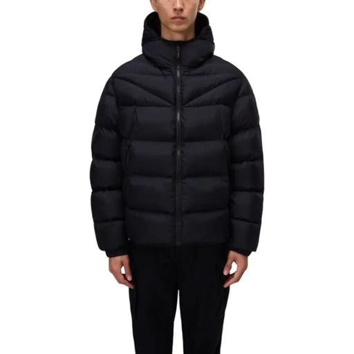 Black puffer jacket with hood and zipper, likely made of synthetic material for warmth.