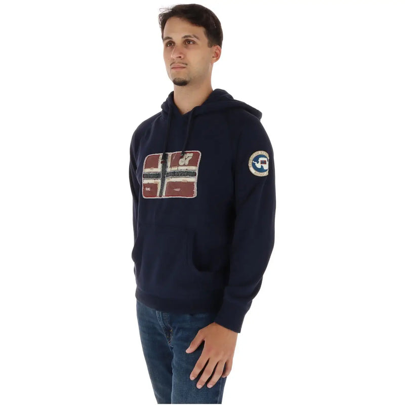 Napapijri Sweat à capuche bleu en coton pour homme, avec capuche bleu marine et écussons drapeau norvégien et logo à l'aspect vieilli.