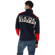 Vue arrière de napapijri Sweat-shirt à col roulé en coton bleu pour homme, veste de survêtement en nappa color-block bleu marine, rouge et crème avec logo audacieux