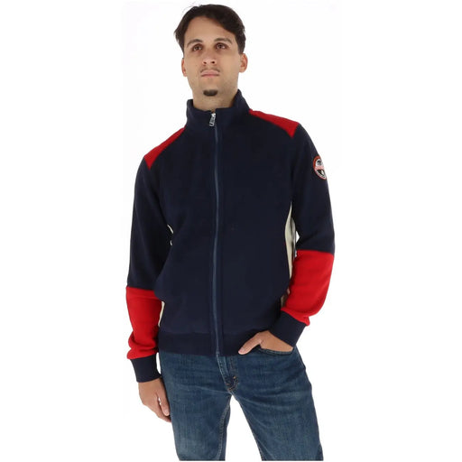 Napapijri Sweat-shirt à col roulé en coton bleu marine pour homme, veste polaire zippée bleu marine et rouge avec logo sur la manche gauche
