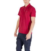 Napapijri men bordeaux cotton polo shirt with vibrant red short sleeves, classic collar, white buttons, and embroidered logo