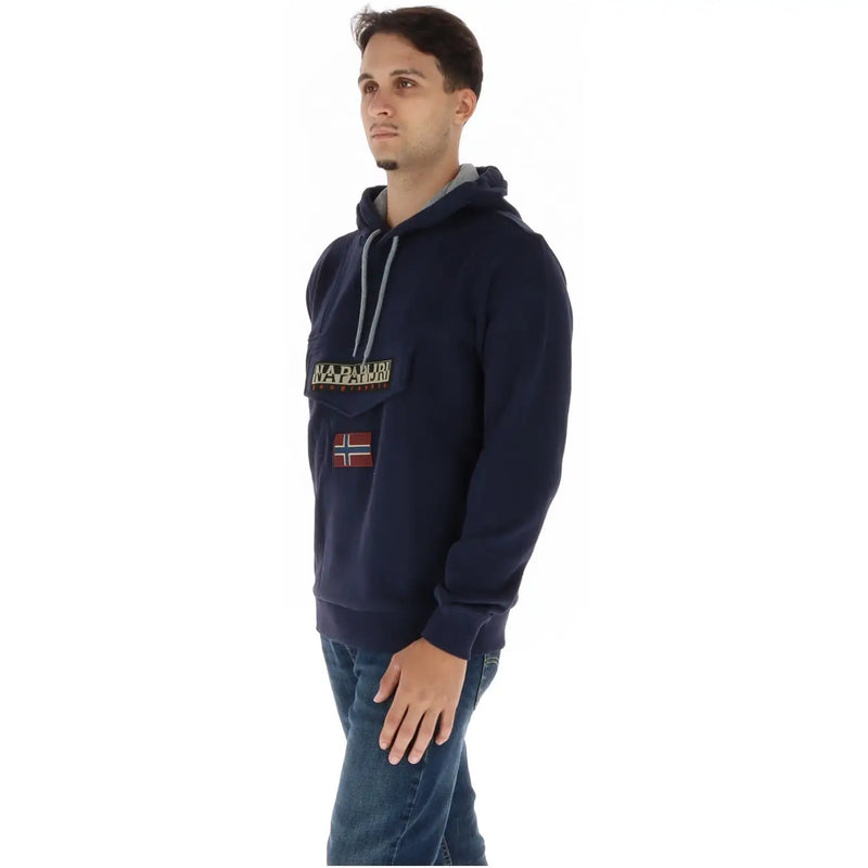 Napapijri Sweat à capuche pour homme en molleton de coton bleu marine avec cordons de serrage gris et écusson drapeau norvégien sur la poitrine