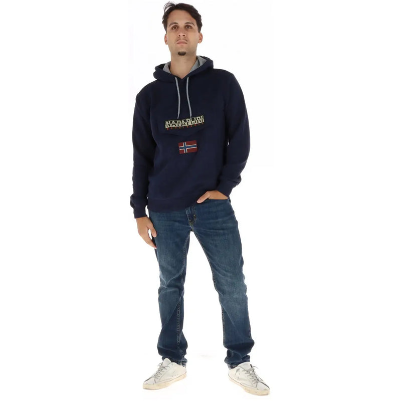 Napapijri Sweat à capuche homme bleu marine en molleton de coton avec cordons gris, logo de la Norvège brodé et écusson drapeau sur la poitrine