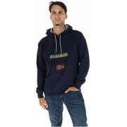 bleu marine napapijri Sweat à capuche homme en molleton de coton avec cordons de serrage gris, doublure gris clair, logo doré et écusson drapeau norvégien