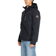 Noir napapijri Veste pour homme à capuche, écusson logo circulaire sur la manche et logo vertical le long des poches avant zippées