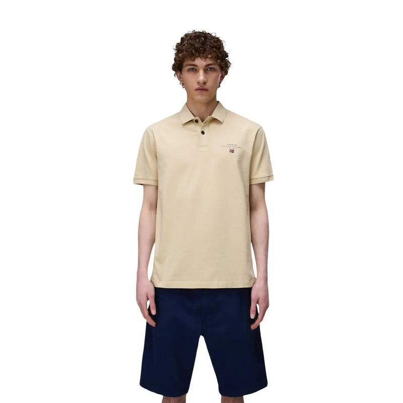 Beige short-sleeved cotton polo shirt by Napapijri for men with subtle embroidered logo on the chest