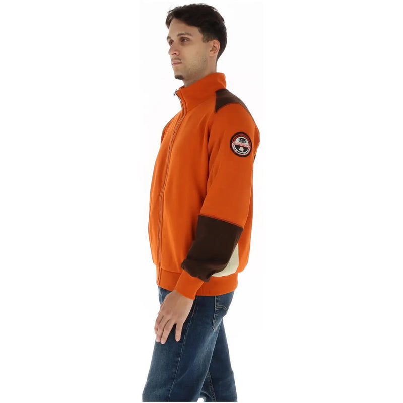Napapijri Sweat-shirt homme orange en coton à col roulé zippé, polaire avec détails marron et écusson rond sur la manche gauche