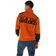 Vue arrière de napapijri Sweat-shirt homme orange en coton à col roulé zippé avec veste de survêtement orange et marron et inscription noire