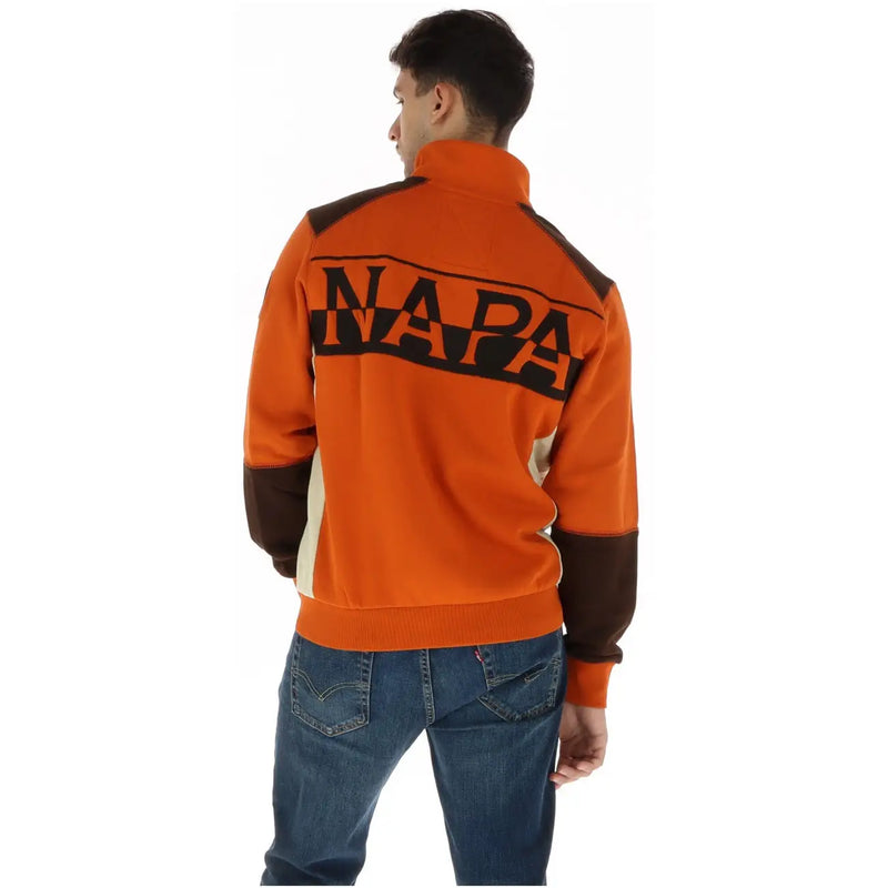 Vue arrière de napapijri Sweat-shirt homme orange en coton à col roulé zippé avec veste de survêtement orange et marron et inscription noire