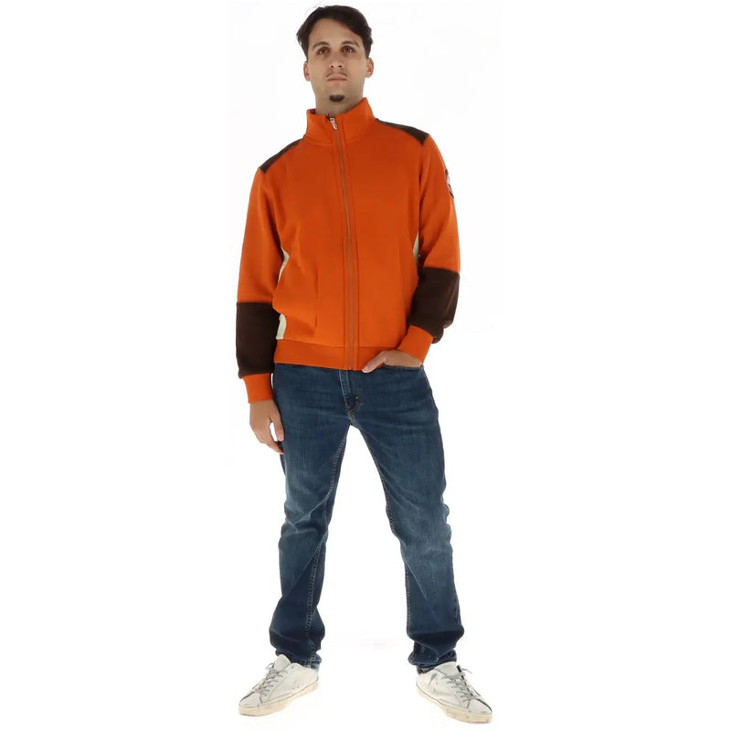 Napapijri Sweat-shirt homme orange en coton, veste de survêtement zippée avec empiècements contrastants marron et col roulé