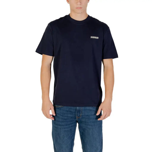 Napapijri hommes t-shirt T-shirt bleu marine foncé à manches courtes et col rond avec petit logo blanc brodé sur la poitrine gauche