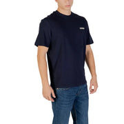 T-shirt bleu marine à manches courtes et col rond en coton t-shirt avec un petit logo blanc sur la poitrine gauche par Napapijri collection homme