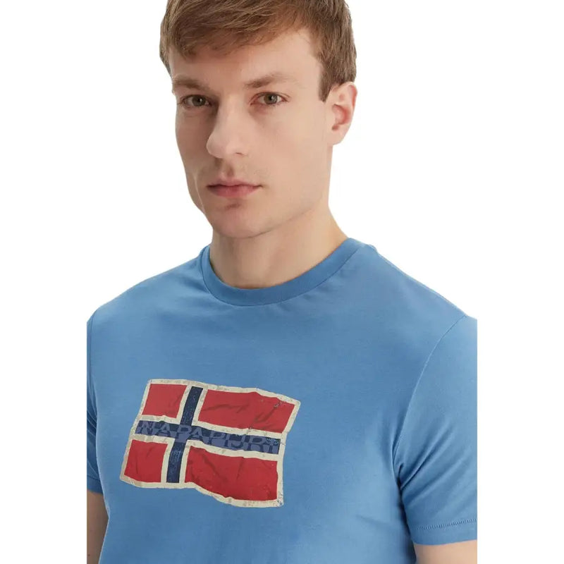 Napapijri T-shirt homme bleu clair en coton, manches courtes, col rond, imprimé drapeau norvégien vintage vieilli