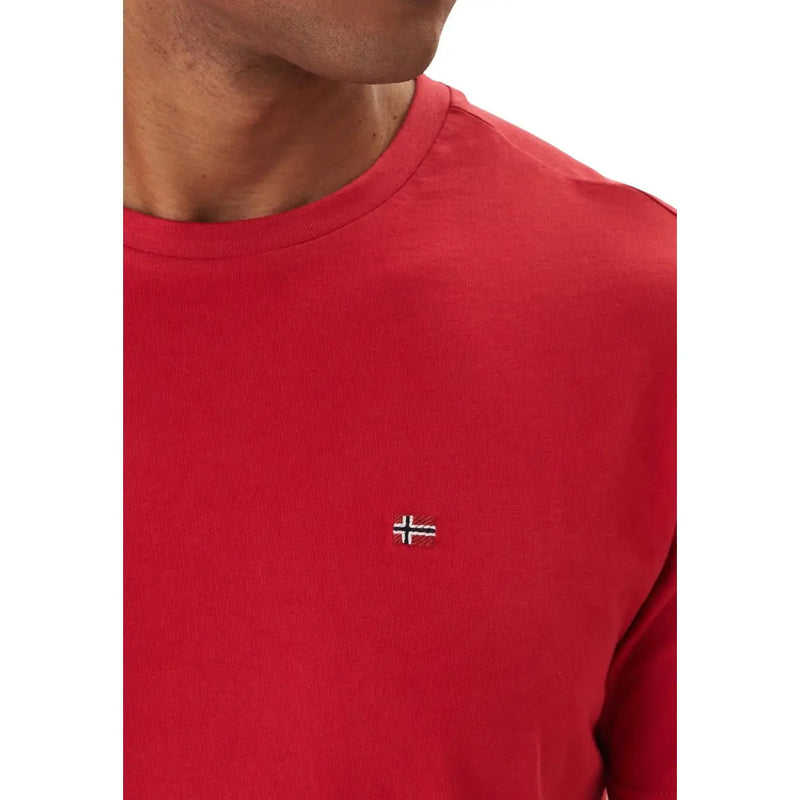Napapijri men t shirt red short sleeve cotton with a small embroidered norwegian flag on the left chest