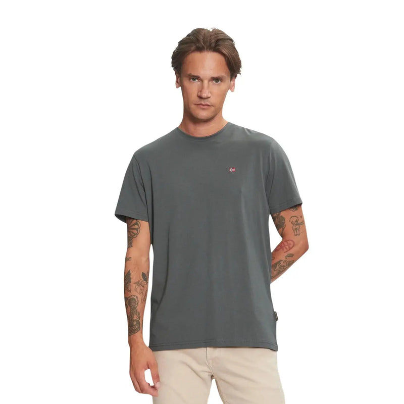 Napapijri men t shirt dark gray short sleeve cotton with small red logo on left chest for casual wear