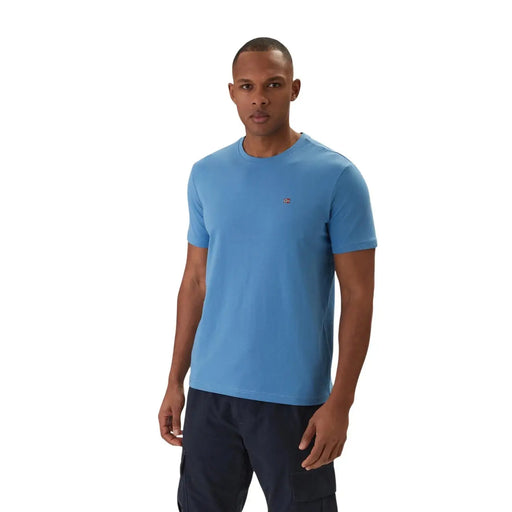 Napapijri men t shirt light blue short sleeve cotton with small embroidered logo on left chest