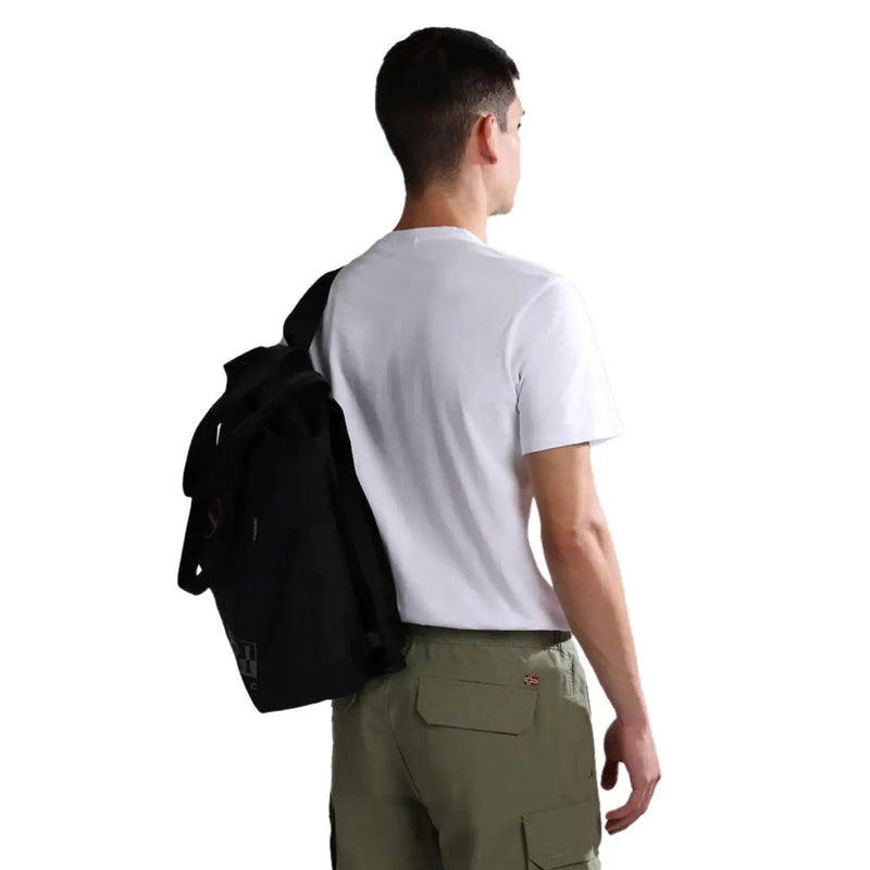 Black canvas backpack with subtle logo patch on lower front suitable for men and casual use by napapijri