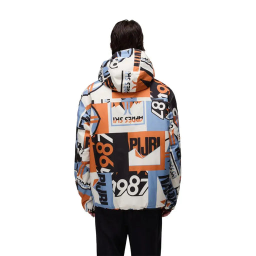 987 puri ski jacket with colorful patchwork design and hood.