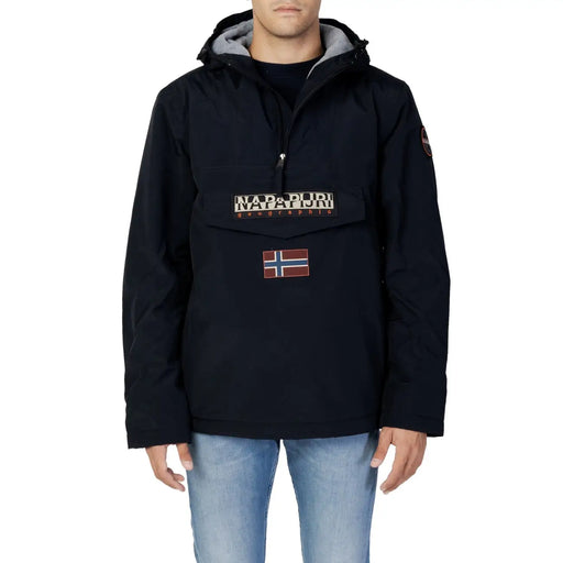 Napapijri Doudoune noire pour homme avec capuche doublée de gris et fermeture éclair sur le devant, vue de face