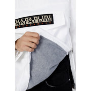 Napapijri Doudoune blanche pour homme avec écusson logo noir et beige sur la poitrine, vue de face