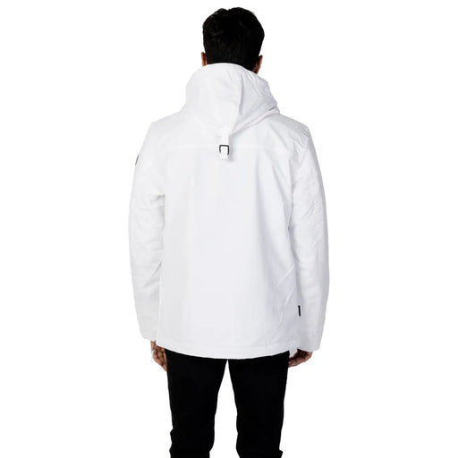 Napapijri Doudoune blanche pour homme avec capuche et tirettes de fermeture éclair noires, vue de face