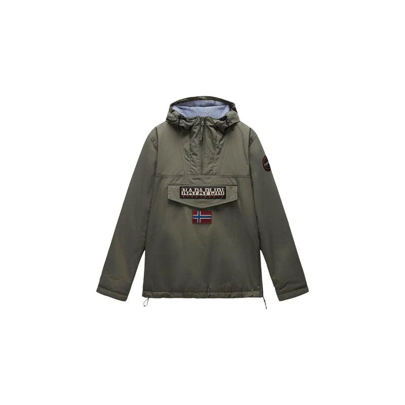Napapijri Doudoune Rainforest Winter 3 pour homme, vert olive, avec poche plaquée sur le devant et doublure de capuche bleu clair (vue de face)