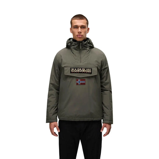 Napapijri Doudoune Rainforest Winter 3 pour homme, vert olive, avec écusson logo et drapeau norvégien (vue de face)