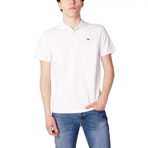Napapijri white cotton polo shirt for men with short sleeves and small embroidered flag logo on left chest