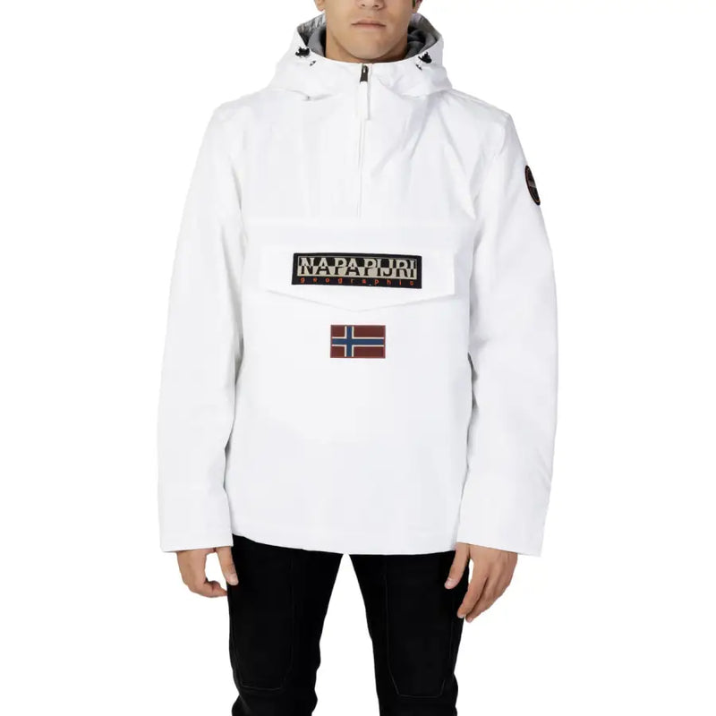 White waterproof jacket with hood and norwegian flag patch, brand logo on chest.