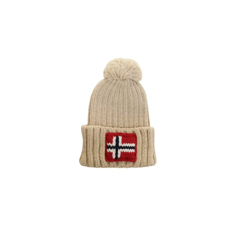 Napapijri Bonnet en laine beige pour homme, orné d'un écusson drapeau norvégien et d'un pompon. top, vue de face