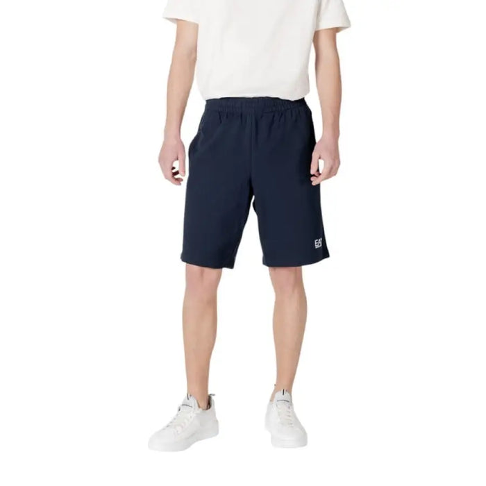 Navy blue athletic shorts featured in EA7 Mens Black Cotton Shorts with Front Pockets