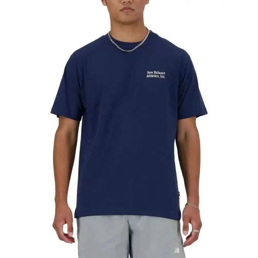 Navy Blue New Balance Men T-Shirt with Short Sleeves and Small Logo on Chest